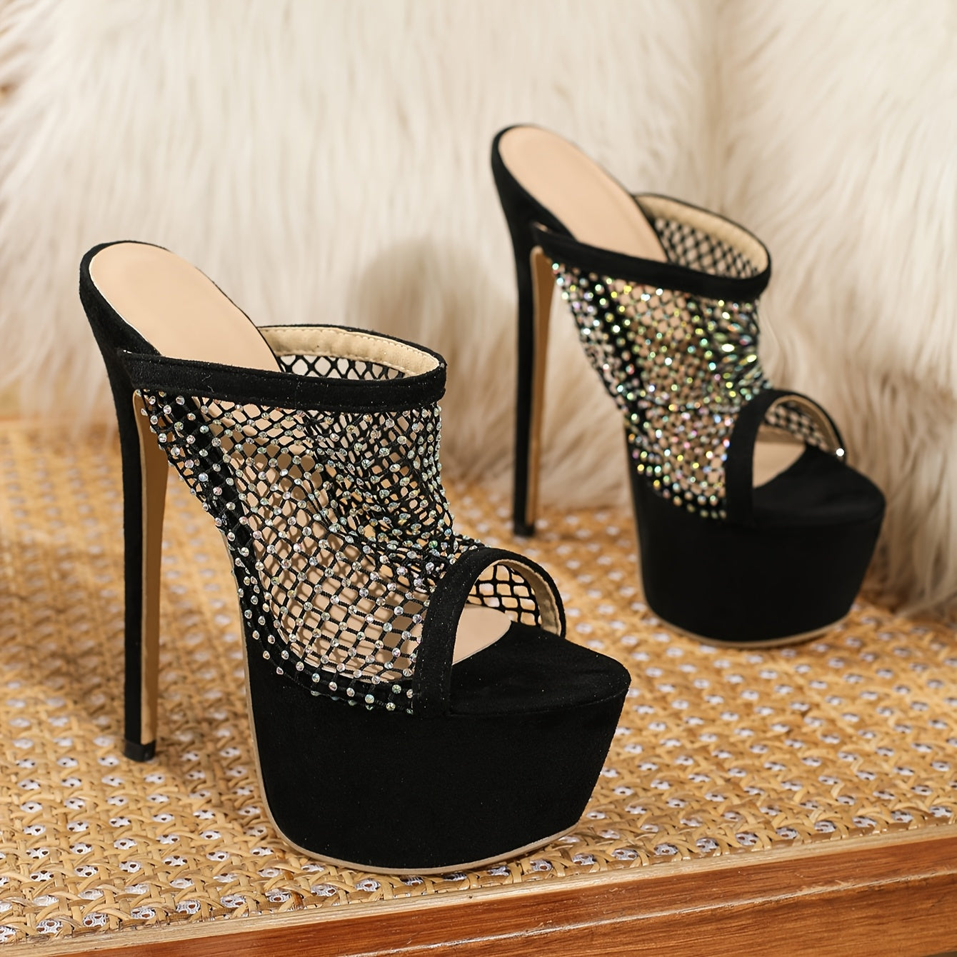 Elegant Black Rhinestone-Embellished Stiletto Sandals - Sexy Peep Toe with Mesh Detail, High Heel Dress Shoes for All Seasons, Slip-On Style, Stiletto Heels