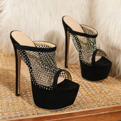 Elegant Black Rhinestone-Embellished Stiletto Sandals - Sexy Peep Toe with Mesh Detail, High Heel Dress Shoes for All Seasons, Slip-On Style, Stiletto Heels