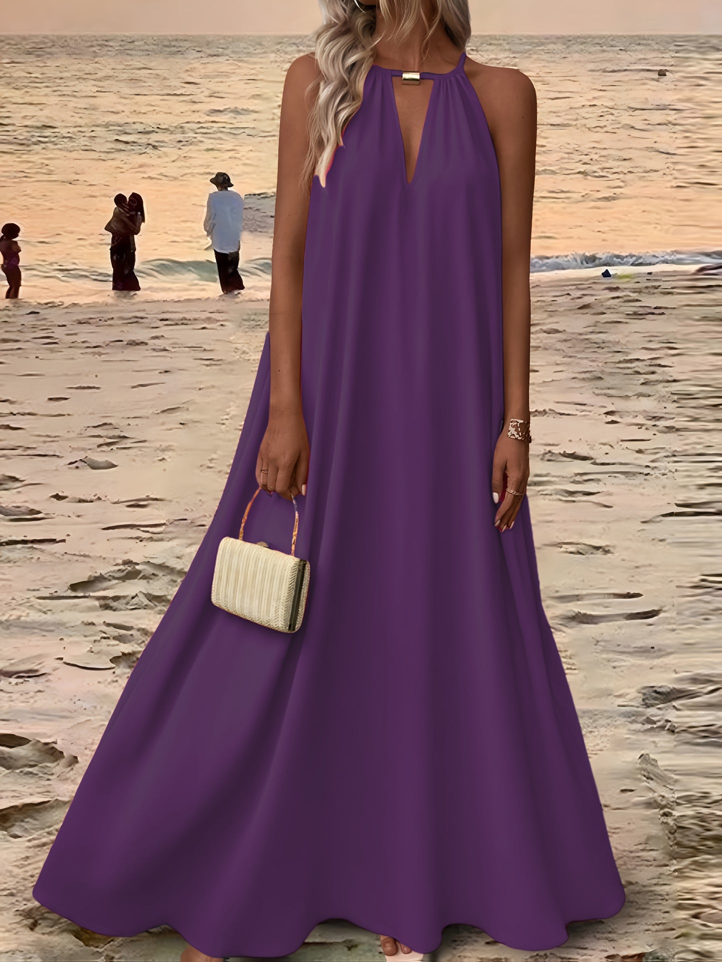 Women'S Sleeveless Halter Neck Maxi Dress - Elegant Purple, Solid Color, Backless Design for Beach & Vacation, Polyester, Summer Dress|Backless Dress|Polyester Dres