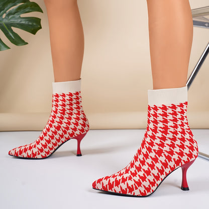 Women'S Elegant Houndstooth Sock Booties, Pointed Toe Stiletto High Heels, Slip-on Dress Boots for All Seasons, Comfortable Dress Footwear for Parties and Banquets