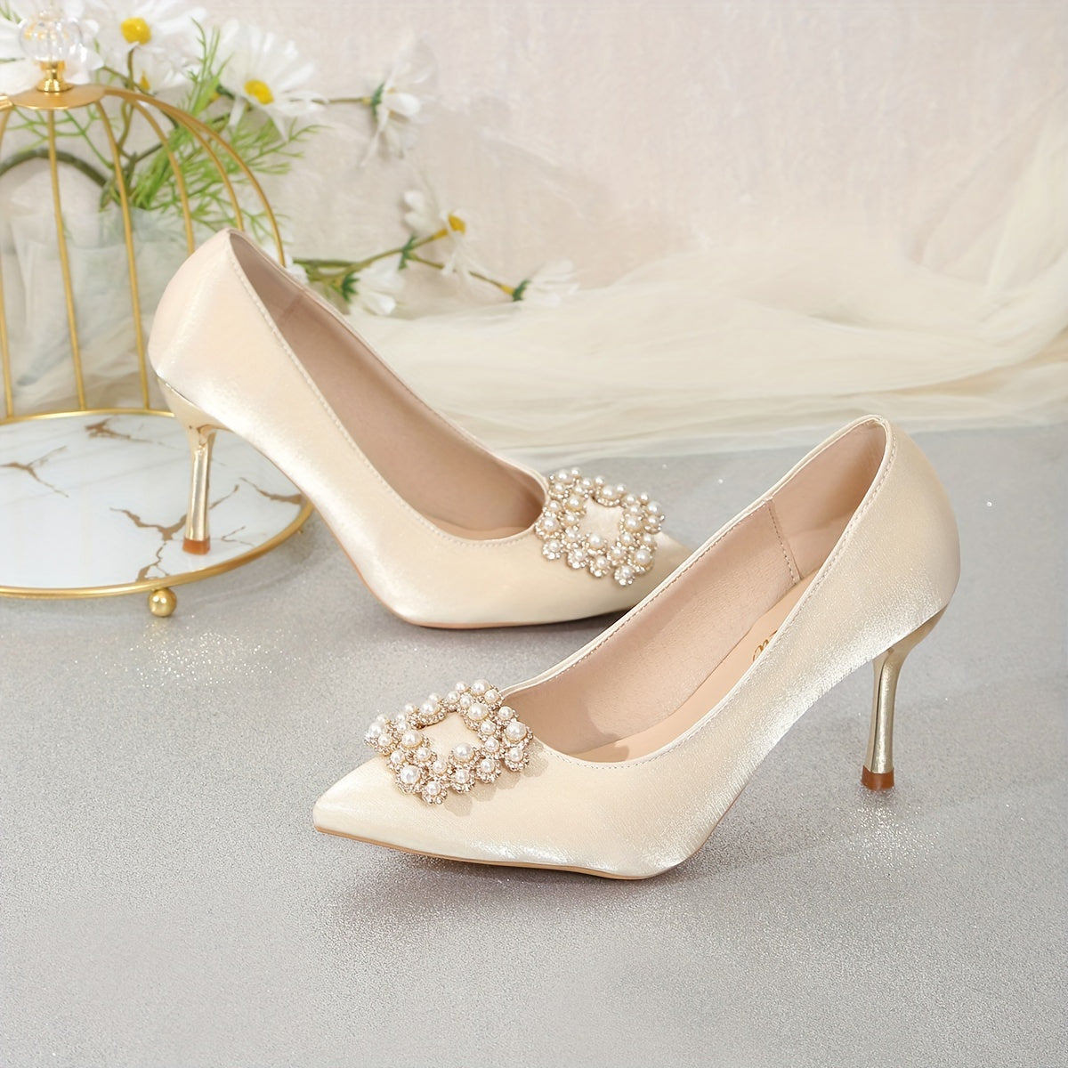 Champagne Satin Bridal Heels for Wedding 2024, Elegant French Style, Crystal Straps, Thin Heel, Comfortable, Multi-Season