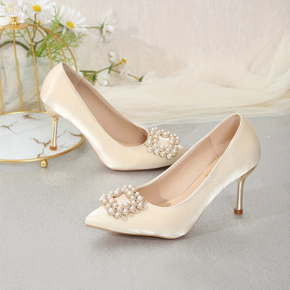Champagne Satin Bridal Heels for Wedding 2024, Elegant French Style, Crystal Straps, Thin Heel, Comfortable, Multi-Season