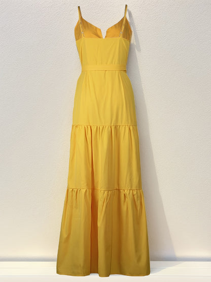 Women's Summer Dress - Solid Color, Buttoned Waist, Layered Suspender Design for Casual Wear