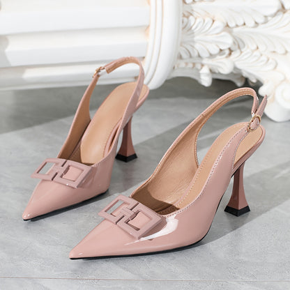 1 Pair of Elegant Pointed-Toe Stiletto Heels with Metallic Buckle Decor - Glossy Pink Faux Cover Dress Pumps for Weddings, Parties & Casual Attire, High Heel Women’s Shoes, Wedding Heels | Metallic Buckle Accent | Stylish C