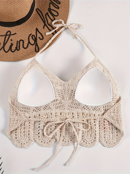 [Backless Padded Carnival Swimwear] Bohemian Hollow Out Crochet Tassel Pom Pom Top, Halter Tie Neck Backless Padded Top, Women's Swimwear & Clothing for carnival & Music Festival