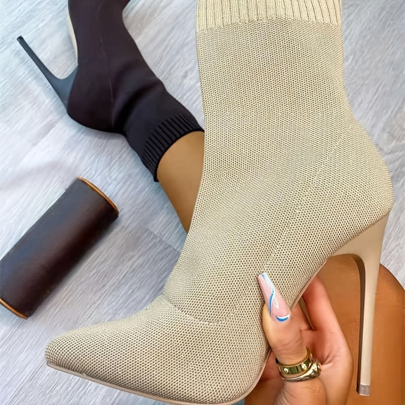 1pr Women'S Mid-Calf Sock Boots - Casual Solid Color Slip-On Pointed Toe Stiletto Heels with Knitted Fabric Upper, Inner & Sole, Flannel Insole - All-Season Stretchy Knit Ankle Booties