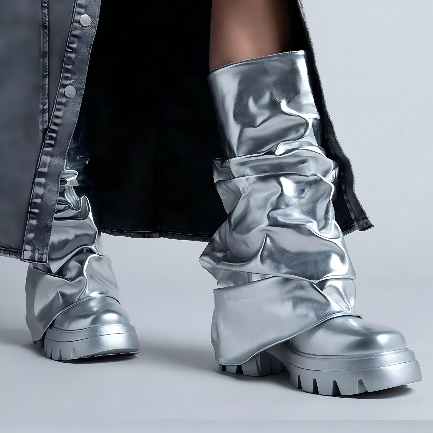 Women's Platform Knee High Boots Fashion Pleated Chunky High Heels Round Toe Fold Over Pull On Slouchy Shark Boots