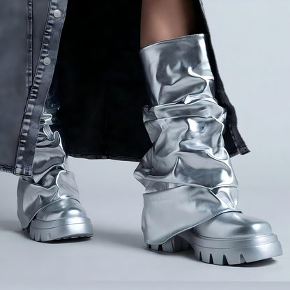 Women's Platform Knee High Boots Fashion Pleated Chunky High Heels Round Toe Fold Over Pull On Slouchy Shark Boots