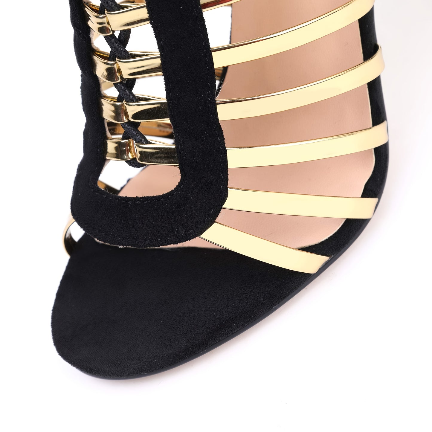 Stylish Chic Women's Black & Golden Cutout Gladiator Dress High Heels - Open Toe Caged Stiletto Sandals with Ankle Straps, Breathable Design for Spring Events, Elegant Embellishments | Elegant Stilettos