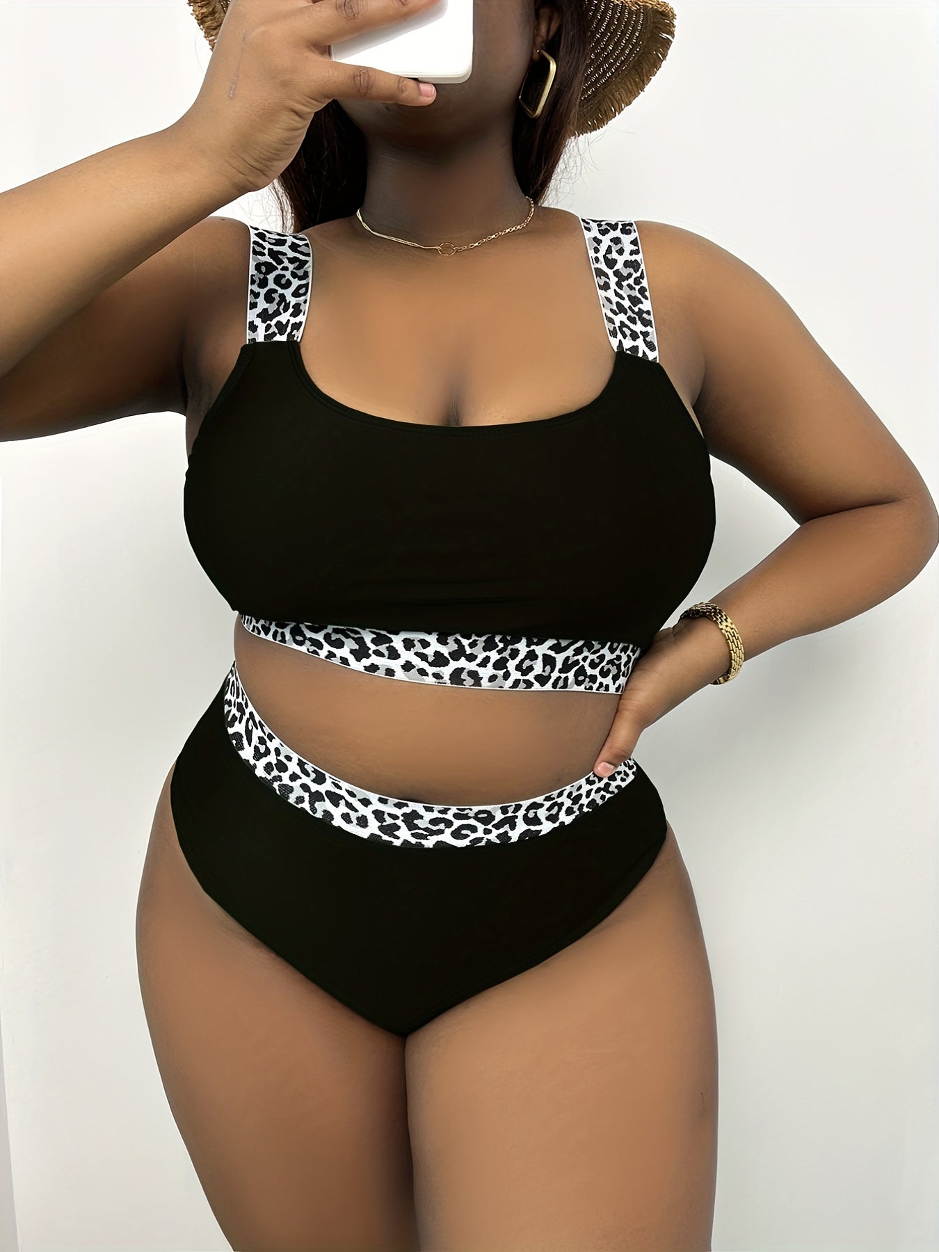 Plus Size Solid Leopard Print Bikini Set