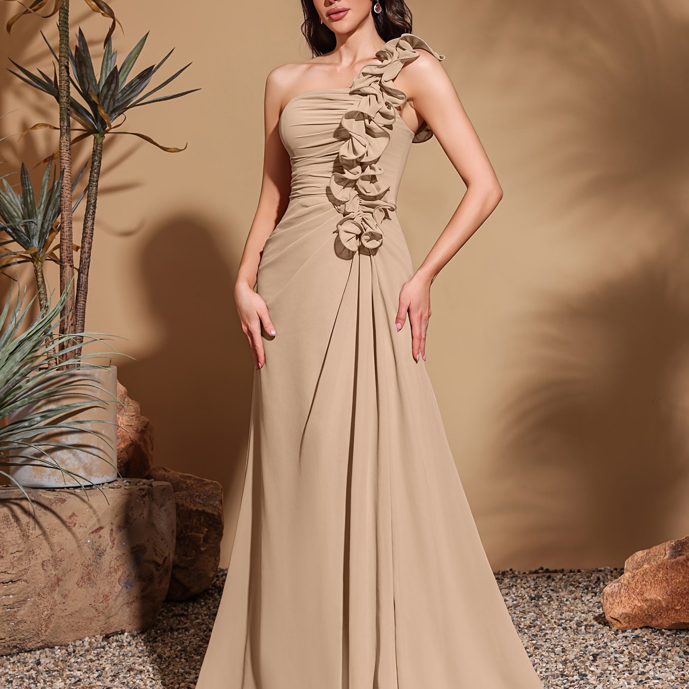 Single Shoulder Lace Decorated Chiffon Pleated Dress, Elegant and Chic Evening Gown, Women's Long Skirt, Party Dress, New in 2025, New Women's Evening Gown, Host Performance Dress, Bridesmaid Dress, Casual Dress, Prom Dress,