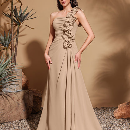 Single Shoulder Lace Decorated Chiffon Pleated Dress, Elegant and Chic Evening Gown, Women's Long Skirt, Party Dress, New in 2025, New Women's Evening Gown, Host Performance Dress, Bridesmaid Dress, Casual Dress, Prom Dress,