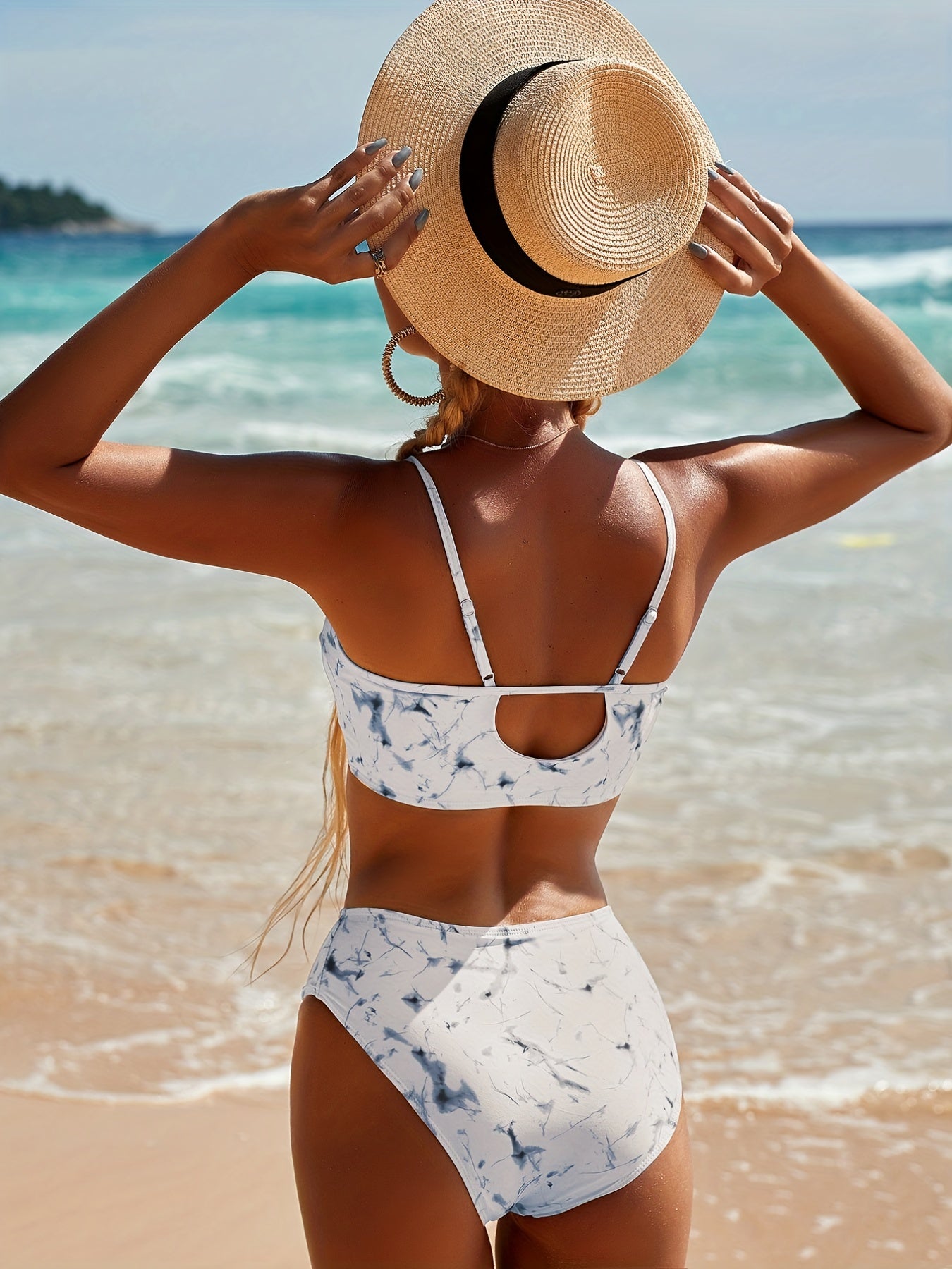 Two Pieces High Cut Marble Print V Neck Bikini Sets, Tie Front High Waist Women's Swimwear & Clothing Triangle Top
