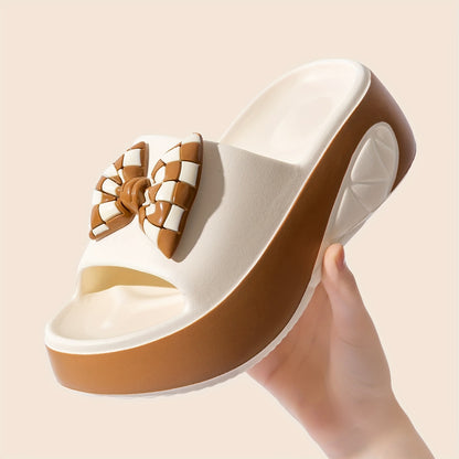 [Chic Summer Sandals] Non-Slip Thick Sole Summer Women's Slide Sandals - Chic EVA Wedge Heels with Bow Detail, Versatile Solid Color