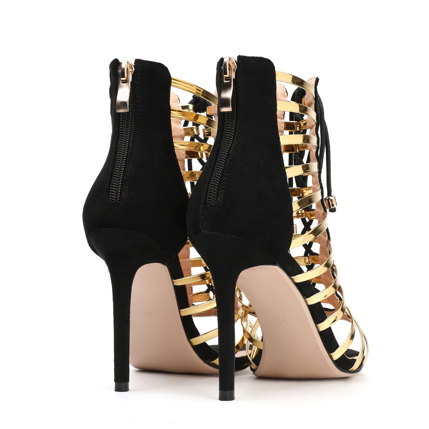 Stylish Chic Women's Black & Golden Cutout Gladiator Dress High Heels - Open Toe Caged Stiletto Sandals with Ankle Straps, Breathable Design for Spring Events, Elegant Embellishments | Elegant Stilettos