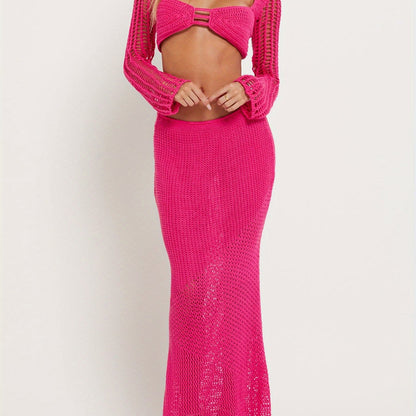 2pcs set of Women's Y2K hollow knitted skirt set, long sleeved square neck crop top+long skirt Women's beach wear 2pcs set