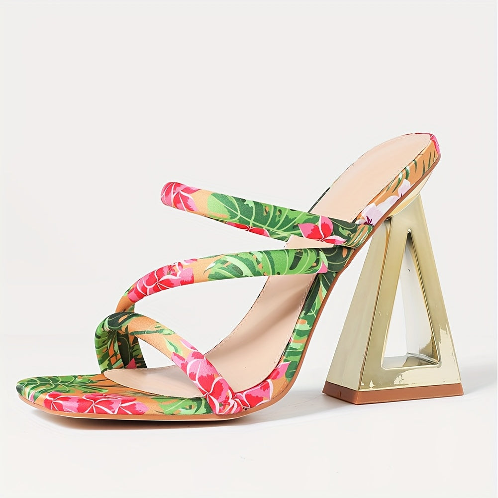 [Golden | Metallic] Stylish Golden Metallic Women's Square Toe Mules Sandals | Chunky Pyramid Heels with Braided Ankle Straps | High Heel Sandals for Summer, Party & Evening Wear