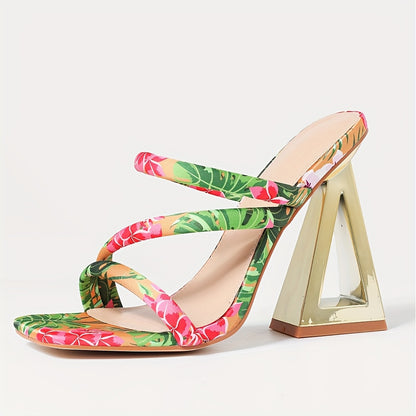 [Golden | Metallic] Stylish Golden Metallic Women's Square Toe Mules Sandals | Chunky Pyramid Heels with Braided Ankle Straps | High Heel Sandals for Summer, Party & Evening Wear
