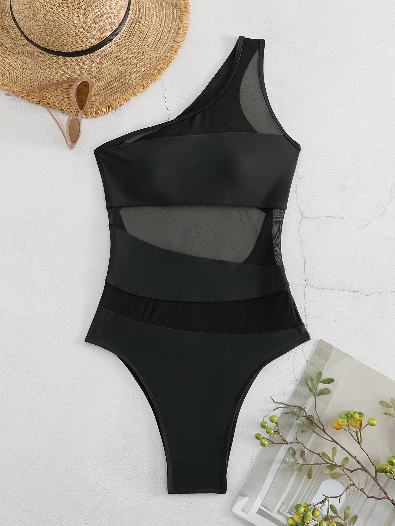 Elegant Black Mesh Contrast One-Shoulder Swimsuit | Sexy Push-Up Swimwear with High Stretch and Removable Pads
