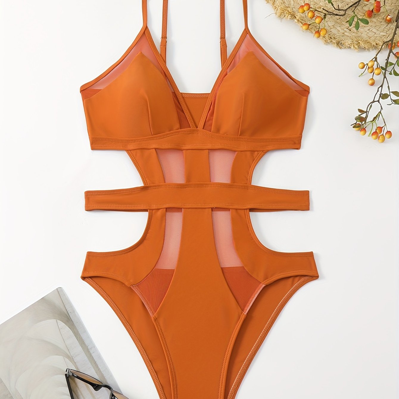 Solid Color Mesh Contrast Cut Out One Piece Swimsuit, V Neck Spaghetti Strap High Cut Stretchy Bathing Suits, Women's Swimwear & Clothing for Koningsdag/King's Day