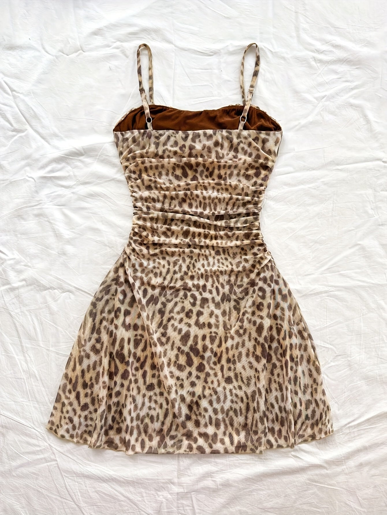 Sexy Leopard Print Mesh Suspender Dress for Women - Ruched Bodice, Sleeveless Summer Dress with Adjustable Thin Straps, Perfect for Casual or Stylish Outfits, Summer Fashion | Leopard Print Dress | Mesh Detailing, Cute Dresse