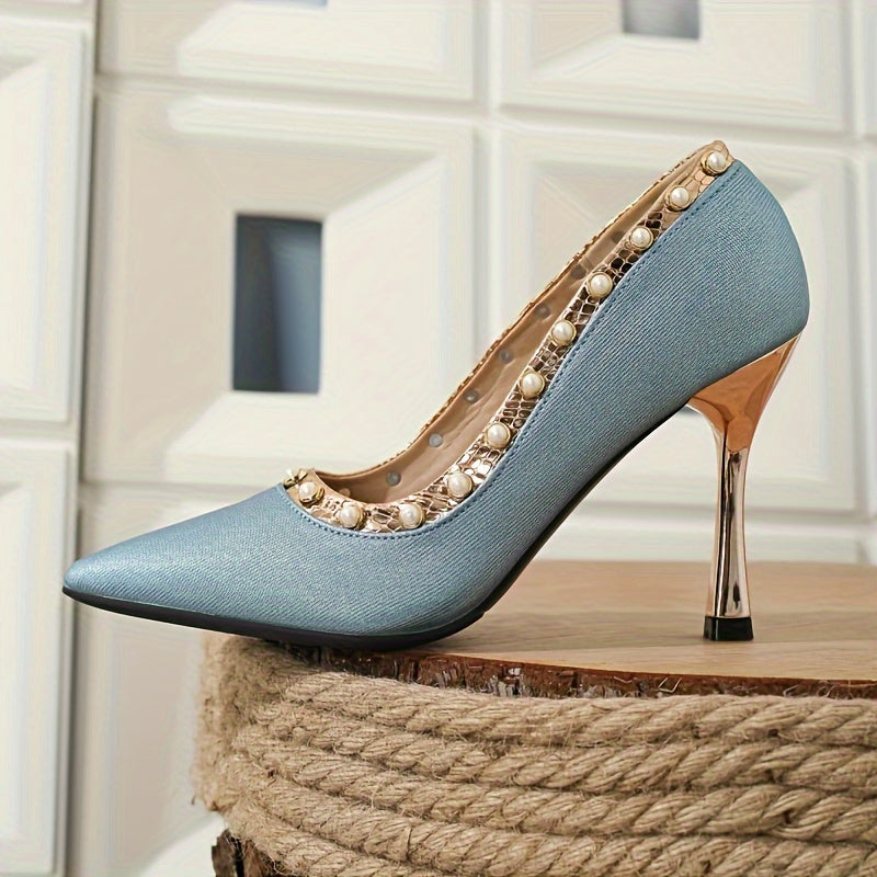 Elegant Peacock Blue Women'S High Heels with Pearl Studs - Sexy Ramadan Fashion, Versatile Peacock Blue Party Shoes, Lightweight Mid-Height Stiletto Pumps with Pointed Toe and TPR Sole