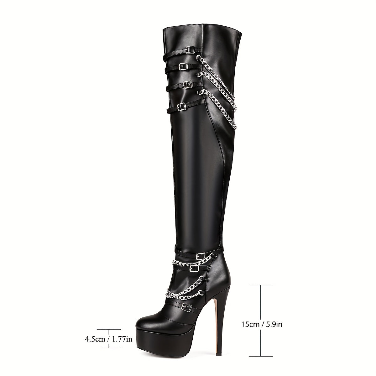 [Elegant] Women's Black Faux Cover Over-the-Knee Boots with Chain Buckles, High Stiletto Heels & Side Zipper - Stylish Thigh-High Platform Boots for Fashion & Music Festivals, High Heel Boots