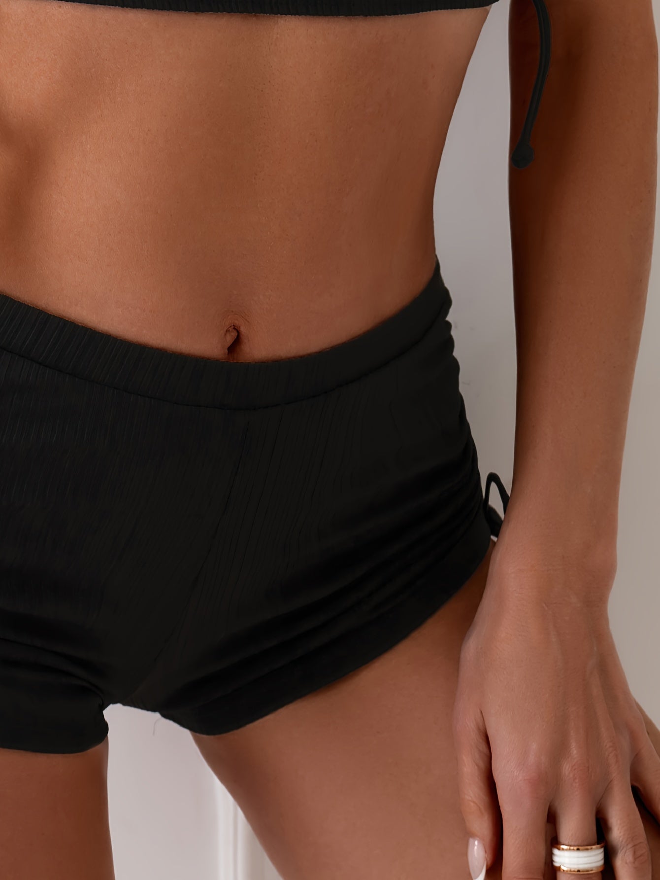 Elegant Black Bikini Set for Women - Chic Solid Color with Sexy Lace-Up Detail, High-Waisted Boxer Shorts Design, Ribbed Texture, Stretchy Polyester/Spandex Blend, Machine Washable, Perfect for Beach & Poolside, High Waisted