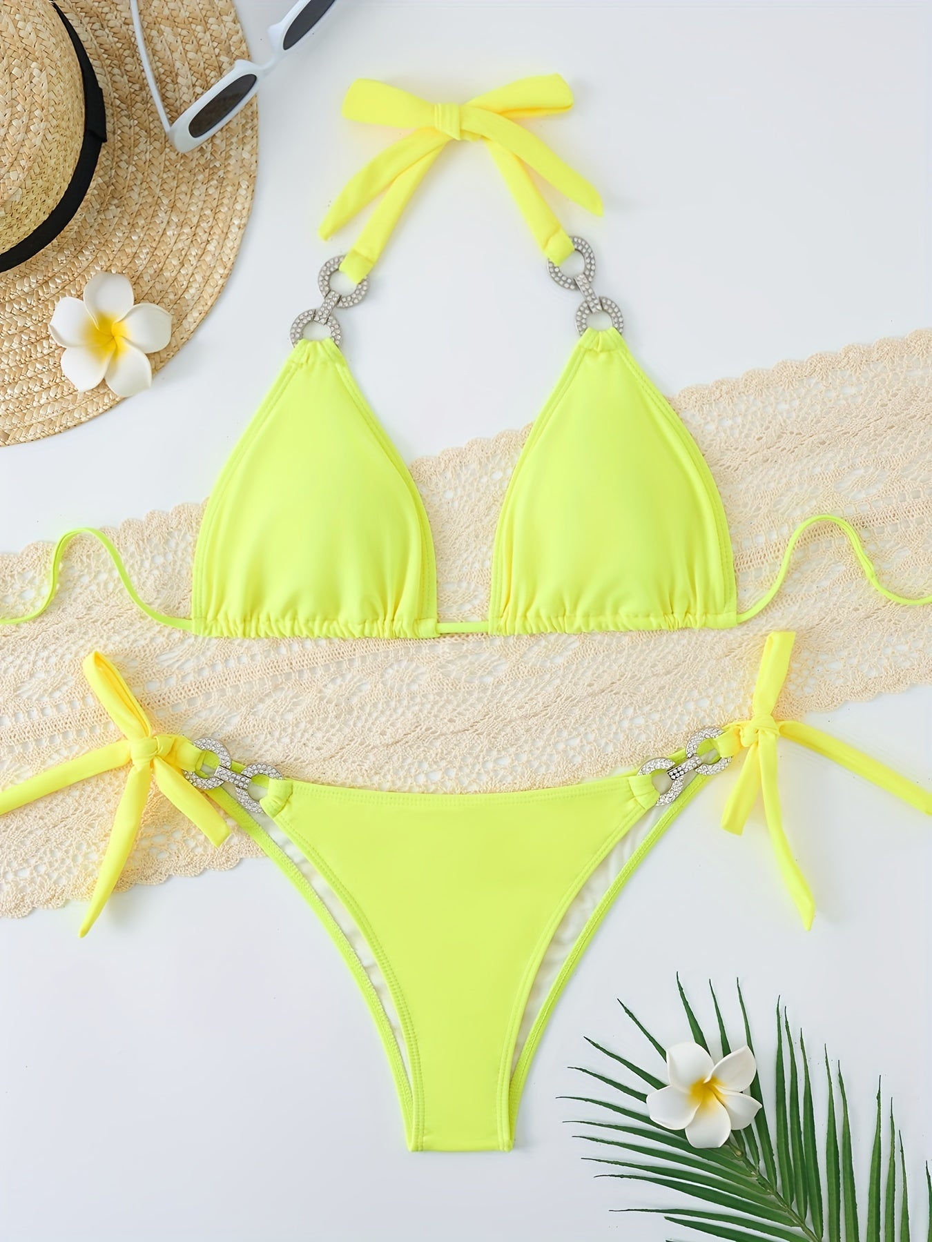 Rhinestone Chain Link Halter Tie Strap Bikini Set - Triangle Plain Blue Glitter - For Women - Perfect for Carnival, Music Festivals & Beach Parties -  Great Gift for Summer