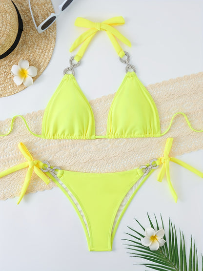Rhinestone Chain Link Halter Tie Strap Bikini Set - Triangle Plain Blue Glitter - For Women - Perfect for Carnival, Music Festivals & Beach Parties -  Great Gift for Summer