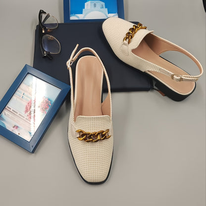 Elegant Women's Square Toe Sandals with Golden Chain Detail, Beige Linen Upper & Brown TPU Sole, Comfortable Low Heel Design for Parties, Office, and Casual Wear, Party Sandals | Square Toe Heels | Polyurethane Insole, High H