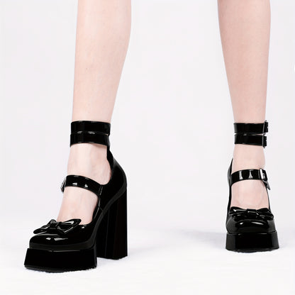 Women's Sweet Bow Platform Mary Jane Pumps Ankle Strap Closed Toe Patent Leather Block High Heels Goth Shoes