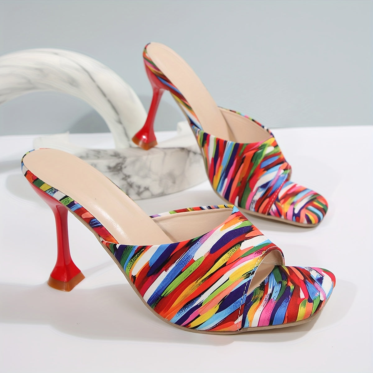 [Durable Build] Women's Square Toe Stiletto Sandals - Zebra Print & Multicolor Pattern, Open Toe High Heels with Faux Cover Inner Lining and Rubber Sole, Elegant Slip-On Dress Shoes for Parties and Events, Summer Shoes | Squa