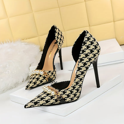 [Perfect Heel for Modern Woman] Womens Elegant Stiletto Heels, Thousand bird plaid pattern pattern collocation Dazzling Faux Pearl and metal Chain Decor, Wedding Evening Dress Office Party Dating Shoes, sleek pointed toe, eye