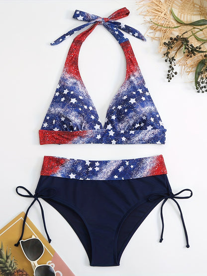 Patriotic Glitter Print Halter Neck Bikini Set, Long Sleeve Swimwear with Lace-up Detail, High Stretch Polyester & Spandex Knit Fabric, 195gsm Thickness, Conventional Bottom, American Flag Design for Swimming