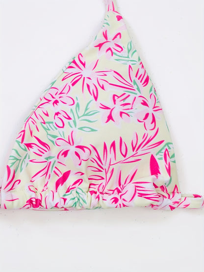 2 Piece Tie Side Halter Neck Bikini Swimsuit - High Stretch Polyester, Lace Up, Triangle Spaghetti Straps, Sexy & Cute, Machine Washable, Random Floral Print, Knit Fabric, Womens Swimwear & Clothing