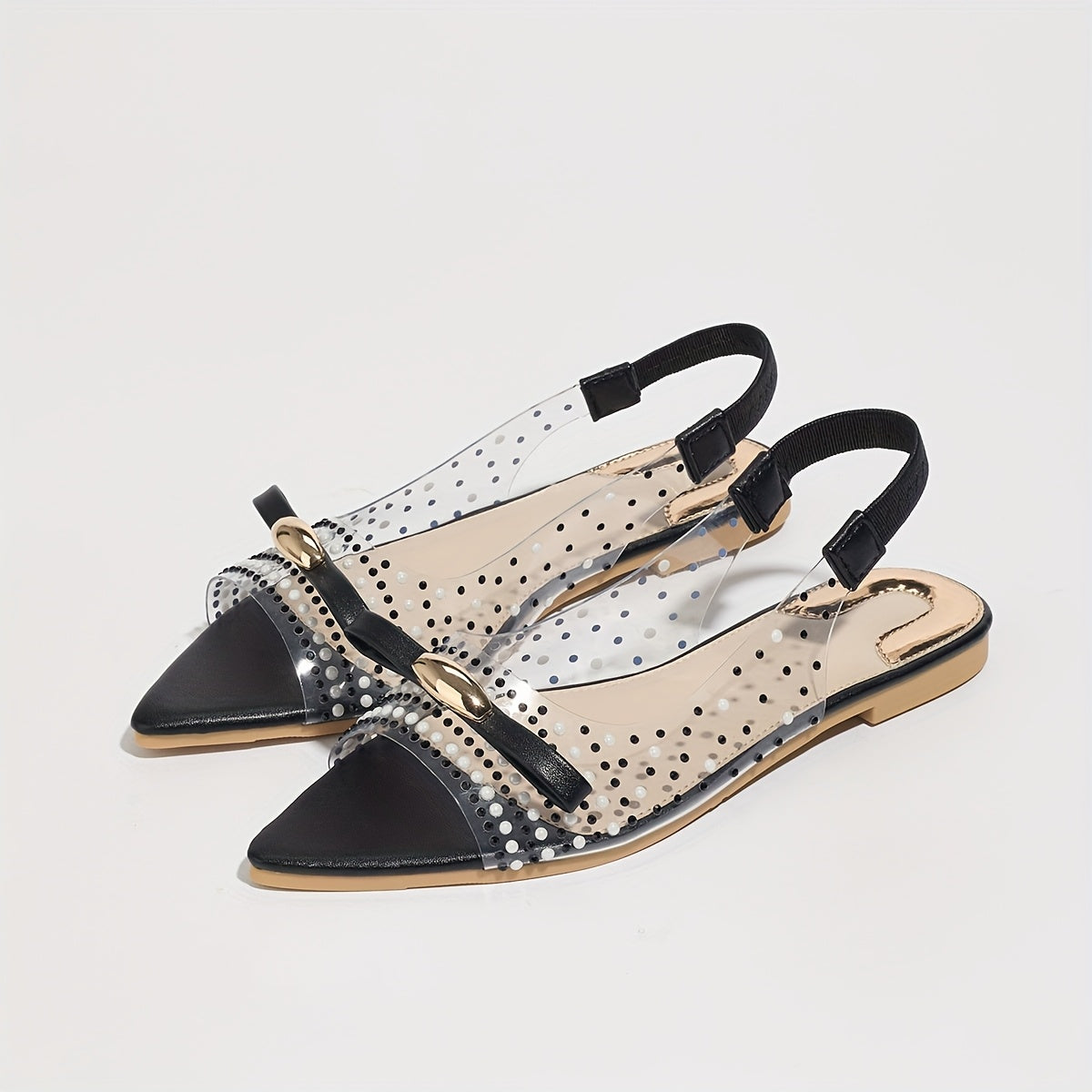 Women's Elegant Rhinestone Bow Metallic Buckle Sandals - Breathable TPU Flat Heel Pointed Toe Summer Shoes with Star Pattern, Comfortable Casual & Formal Wear, Formal Sandals | Pointedtoe Heels | TPU Upper Sandals, Strappy Sa