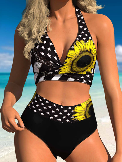 Plus Size Casual Bikini Set, Women's Plus Star & Sunflower Print Halter Neck Top & Underwear Swimsuit 2 Piece Set