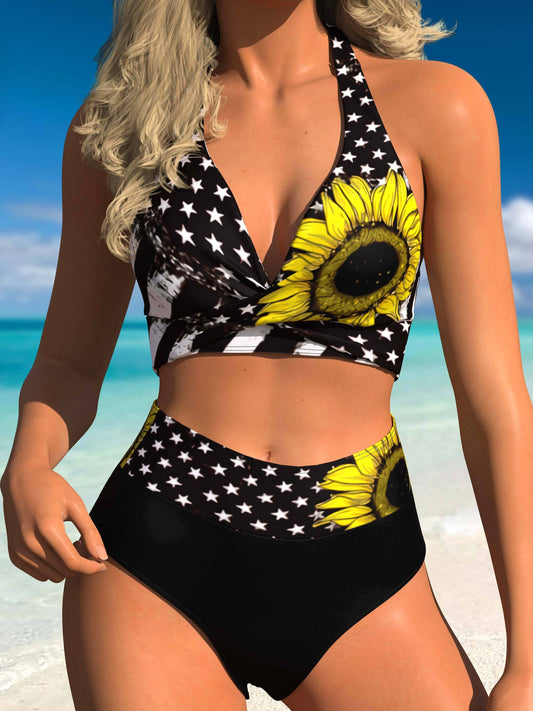 Plus Size Casual Bikini Set, Women's Plus Star & Sunflower Print Halter Neck Top & Underwear Swimsuit 2 Piece Set