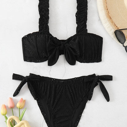 2 Piece Eyelet Embroidery Frill Stretchy Knot Bikini Set - Cute, Comfortable, and Chic Women's Swimwear with Plain White Color - Perfect for Beach, Pool, and Summer Vacation