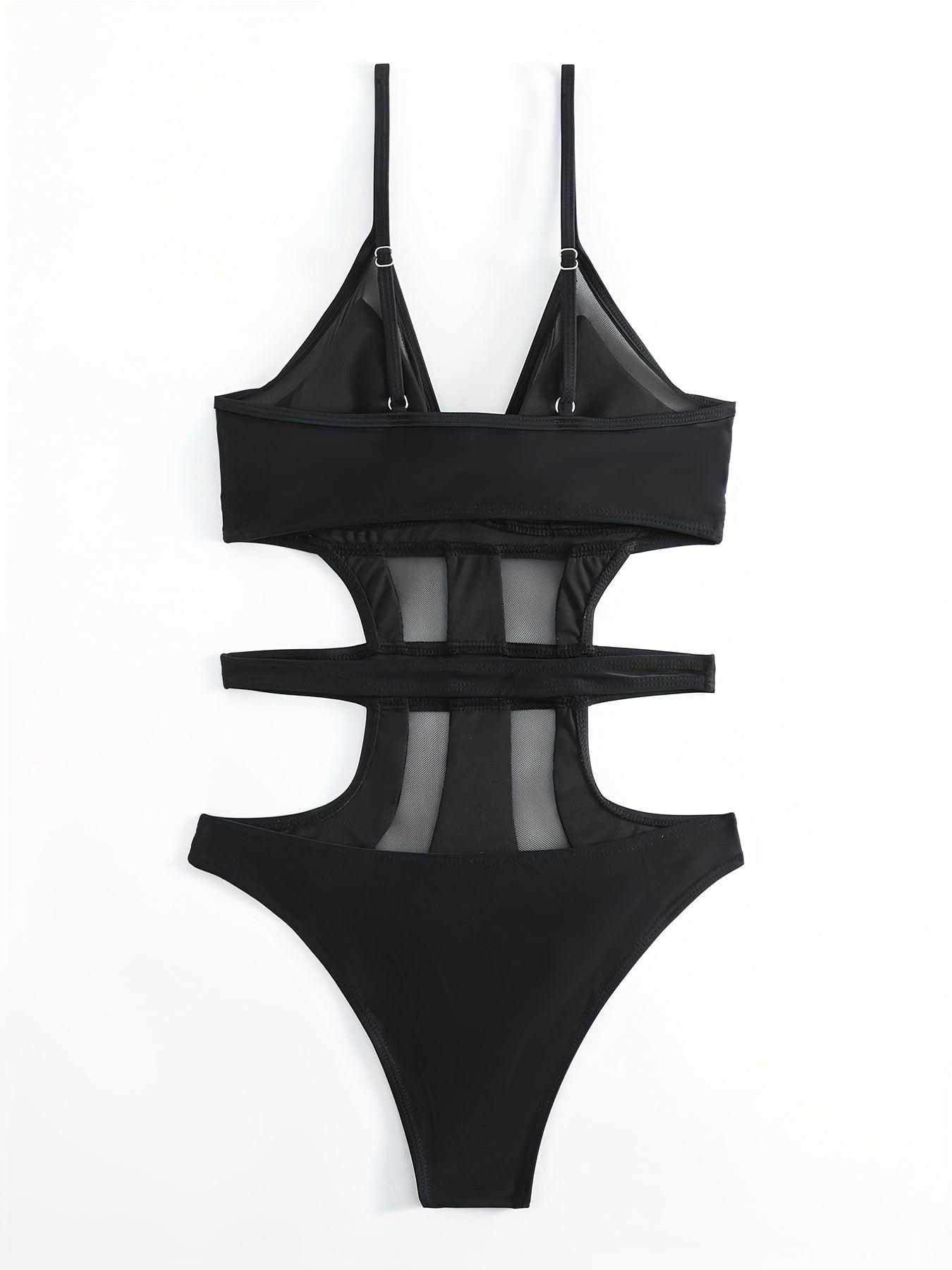 Solid Color Mesh Contrast Cut Out One Piece Swimsuit, V Neck Spaghetti Strap High Cut Stretchy Bathing Suits, Women's Swimwear & Clothing for Koningsdag/King's Day