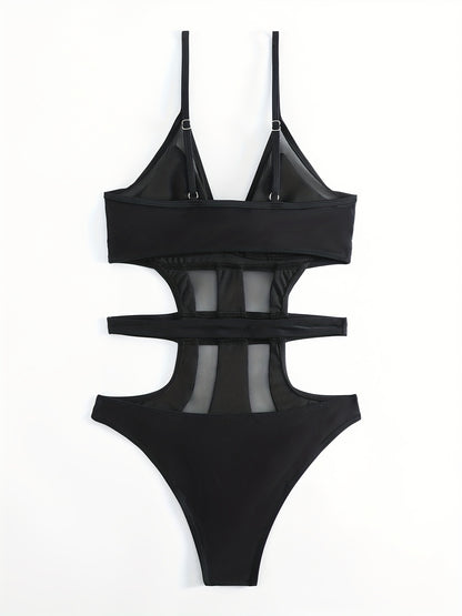 Solid Color Mesh Contrast Cut Out One Piece Swimsuit, V Neck Spaghetti Strap High Cut Stretchy Bathing Suits, Women's Swimwear & Clothing for Koningsdag/King's Day