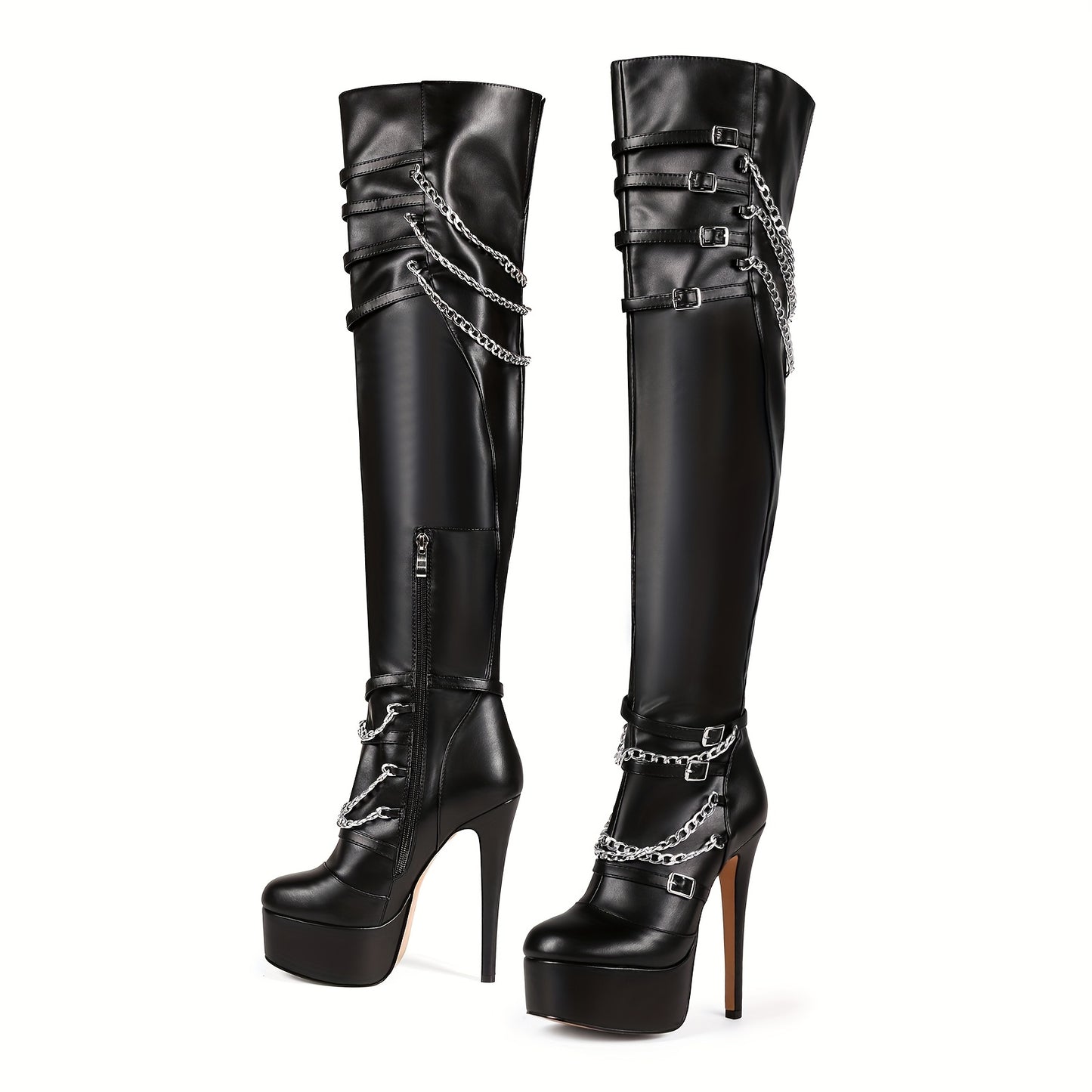 [Elegant] Women's Black Faux Cover Over-the-Knee Boots with Chain Buckles, High Stiletto Heels & Side Zipper - Stylish Thigh-High Platform Boots for Fashion & Music Festivals, High Heel Boots