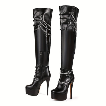 [Elegant] Women's Black Faux Cover Over-the-Knee Boots with Chain Buckles, High Stiletto Heels & Side Zipper - Stylish Thigh-High Platform Boots for Fashion & Music Festivals, High Heel Boots