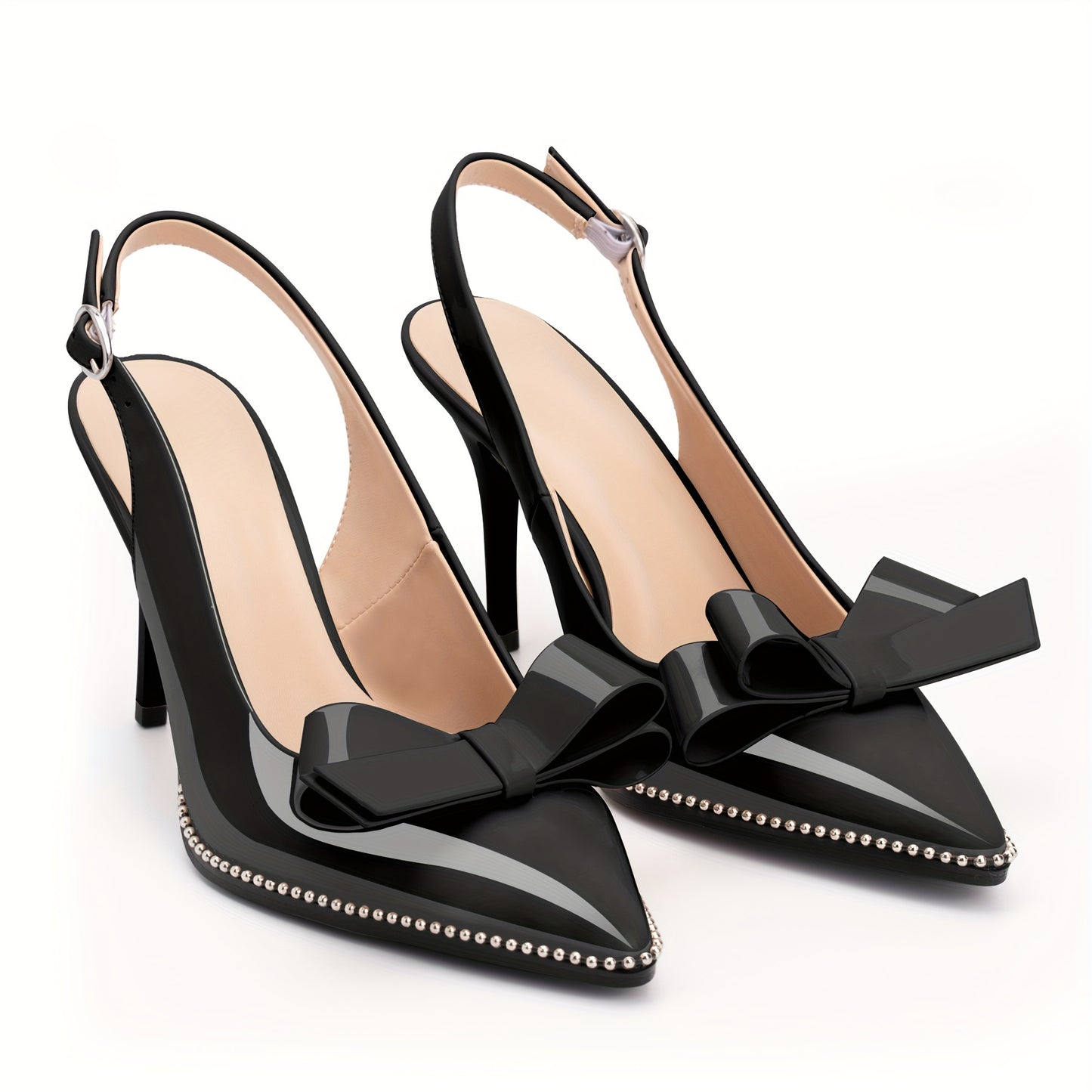 Women's Sexy Slingbacks Bow Stiletto Heels Closed Pointed Toe Pumps Bead Buckle Strap High Heels Dress Shoes