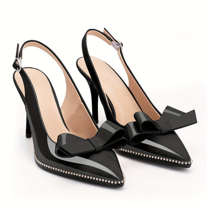 Women's Sexy Slingbacks Bow Stiletto Heels Closed Pointed Toe Pumps Bead Buckle Strap High Heels Dress Shoes