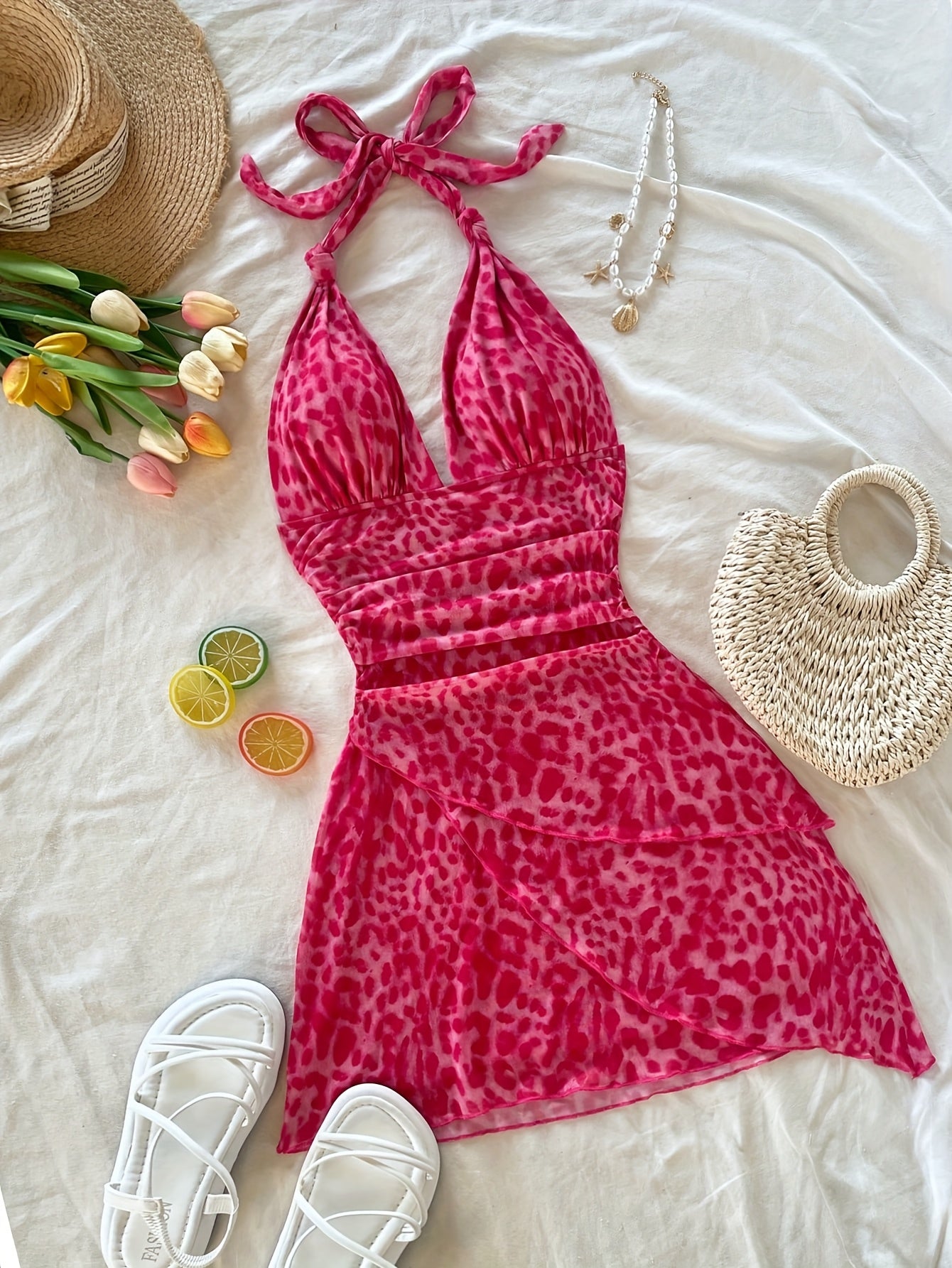 Women's Retro Leopard Print Halter Neck Backless Dress with Ruching & Mesh Detail - Lightweight Summer Vacation Beach Party Dress, Machine Washable, Beach Dresses