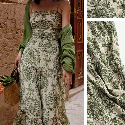 ZD122951 Floral Print Strapless Bow Back Summer Dress - A-Line Waist Accentuating Vacation Dress for Women, Polyester Blend, Green & Beige, Machine Washable, Elegant Beach & Garden Party Outfit, Beach Dresses