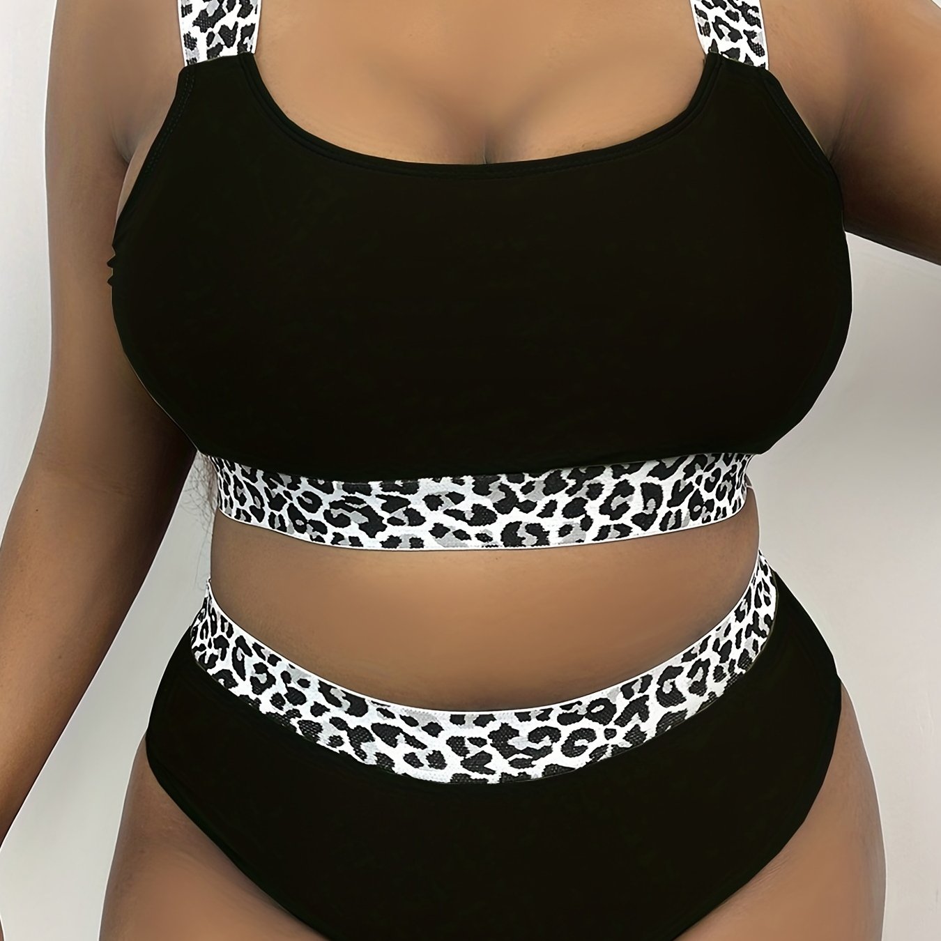 Plus Size Solid Leopard Print Bikini Set