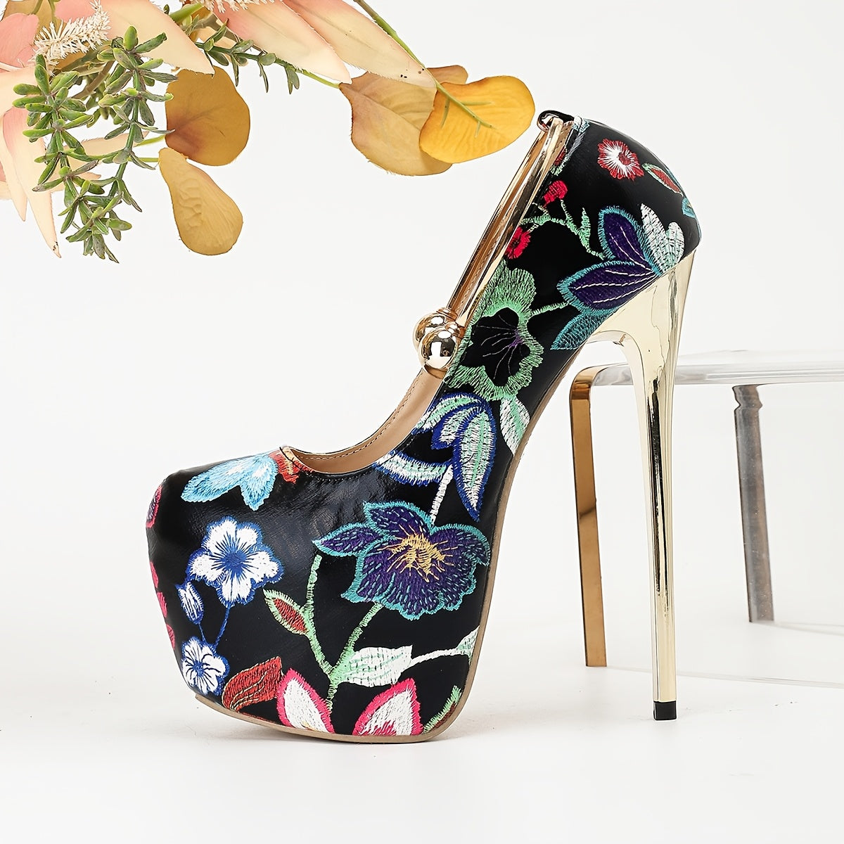 [1pc] Elegant Floral Print Stiletto Heels - Elegant Floral Print Mary-Jane Pumps with Metal Ankle Strap Detail, Lightweight, Round Toe Stiletto Heels, 17cm, with Sequin Embellishment, Rubber Sole - For Women - Suitable for Pa